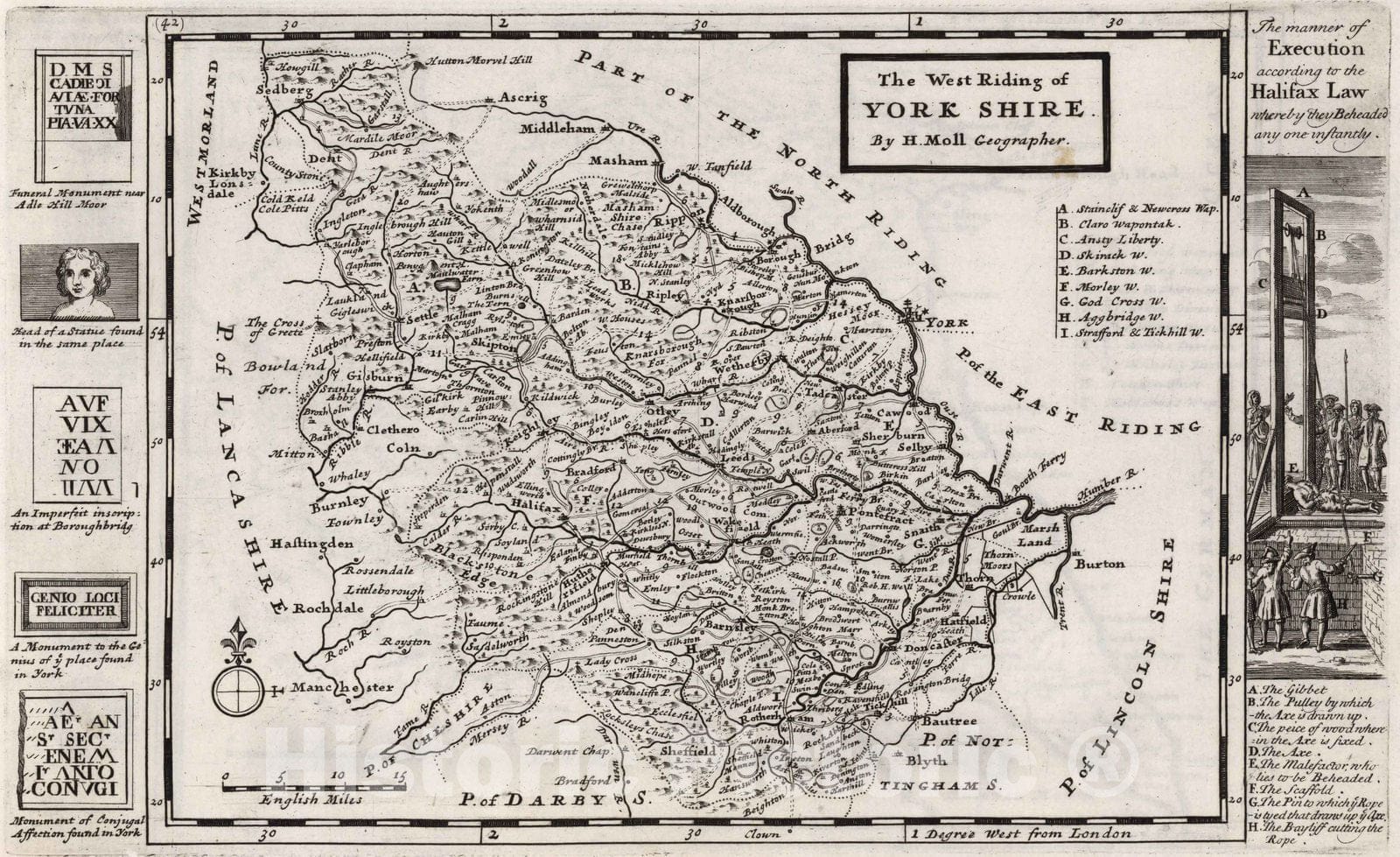 Historic Map : The West Riding of York Shire. By H. Moll Geographer 1724 - Vintage Wall Art