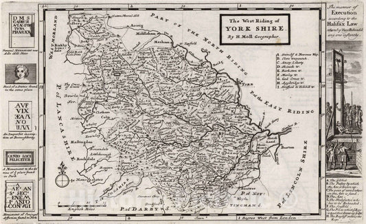 Historic Map : The West Riding of York Shire. By H. Moll Geographer 1724 - Vintage Wall Art