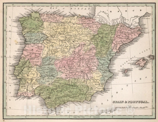 Spain and Portugal - River Map, 1838 - Historical Map Print