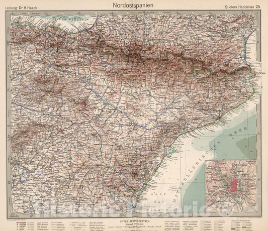 Northeast Spain, 1925 - Historical Map Print from Stieler's Atlas