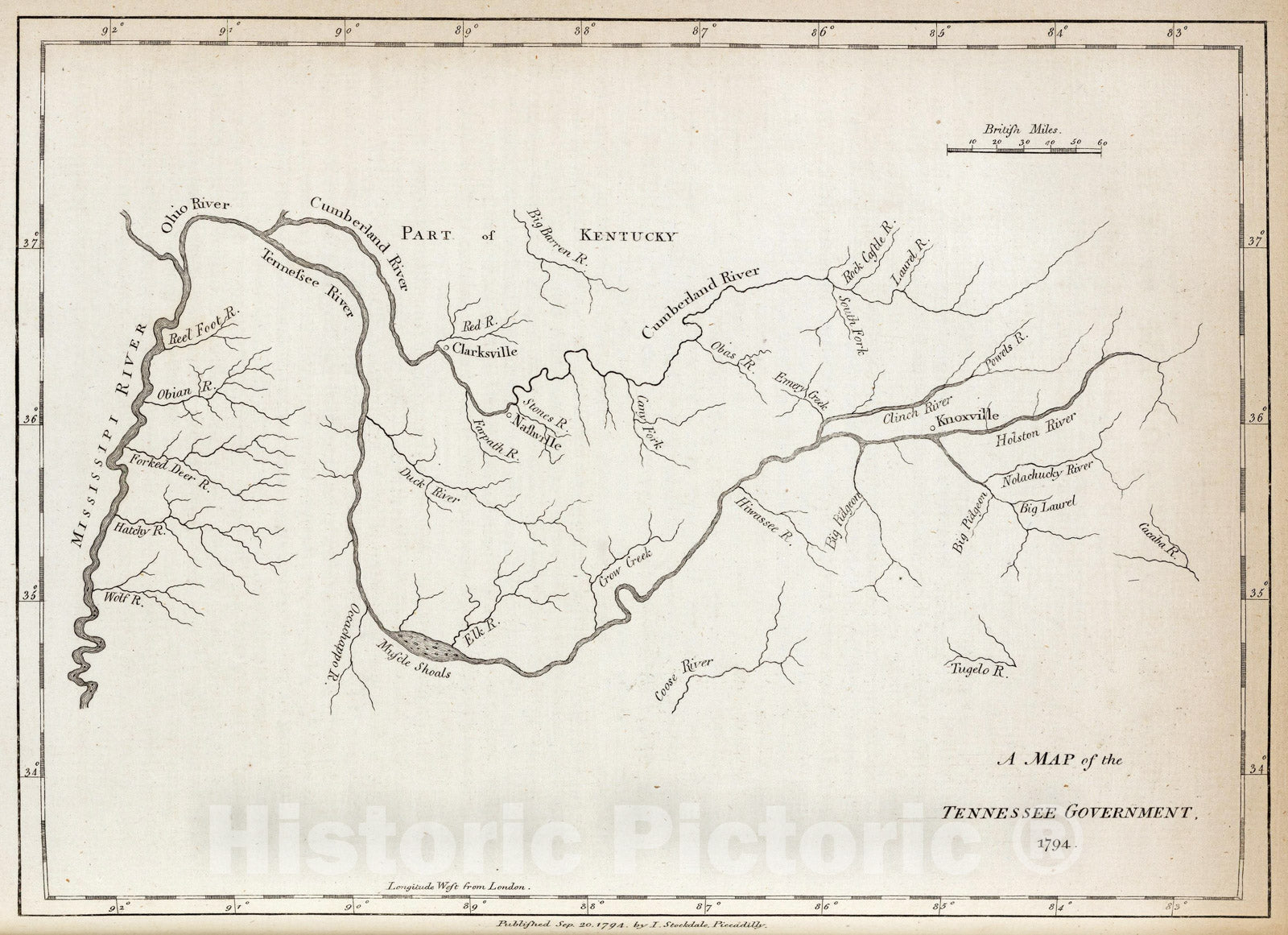 Historic Map - Map of the Tennessee Government, 1794, - Vintage Wall Art