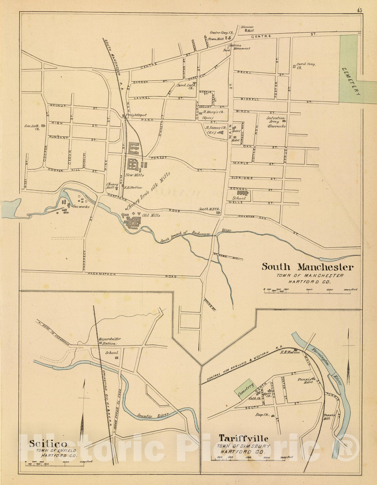 Historic Map : State Atlas Map, S. Manchester, Scitico, Tariffville. 1893 - Vintage Wall Art