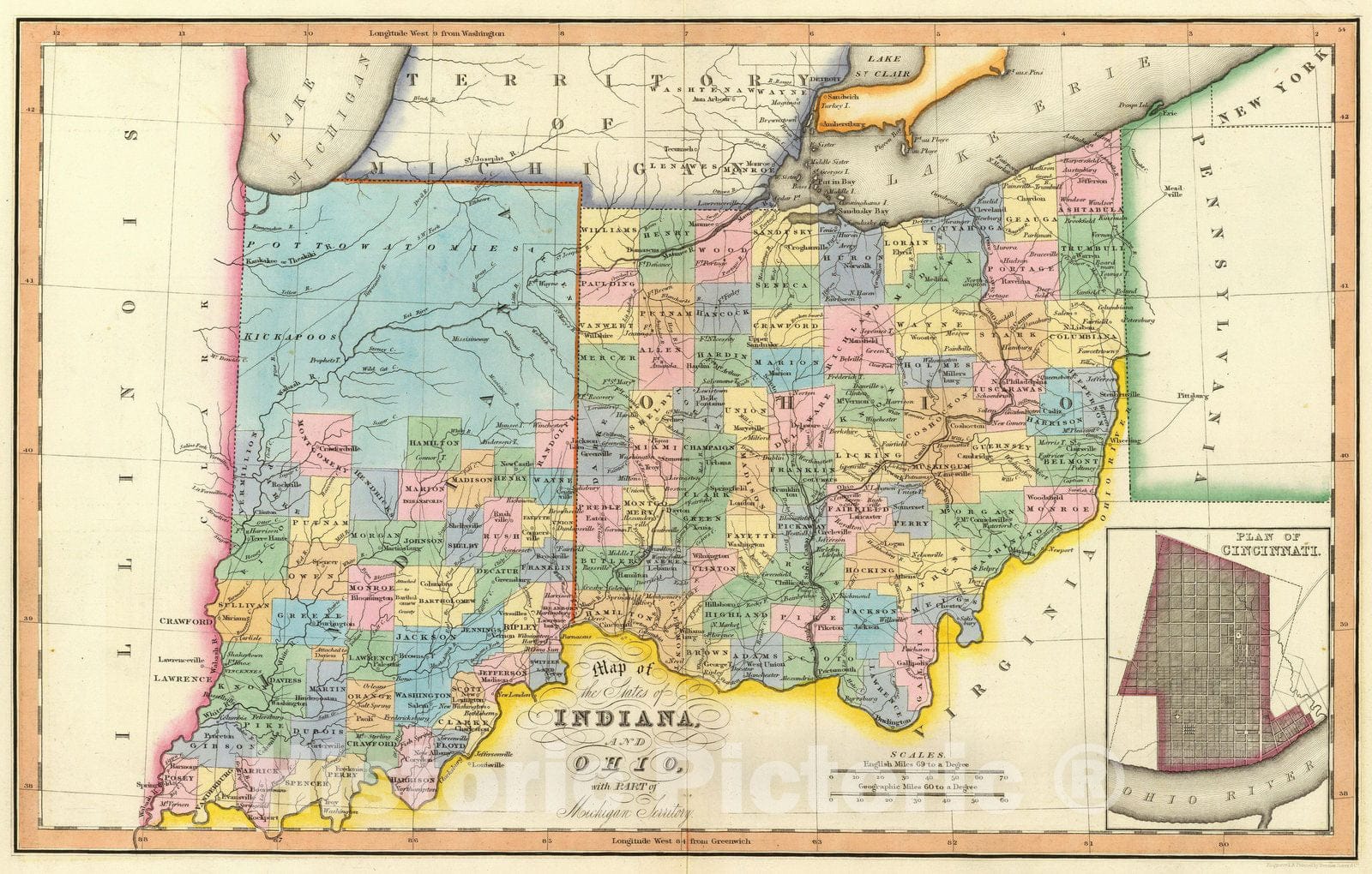 Indiana and Ohio with Plan of Cincinnati, 1832 - Historical Map Print