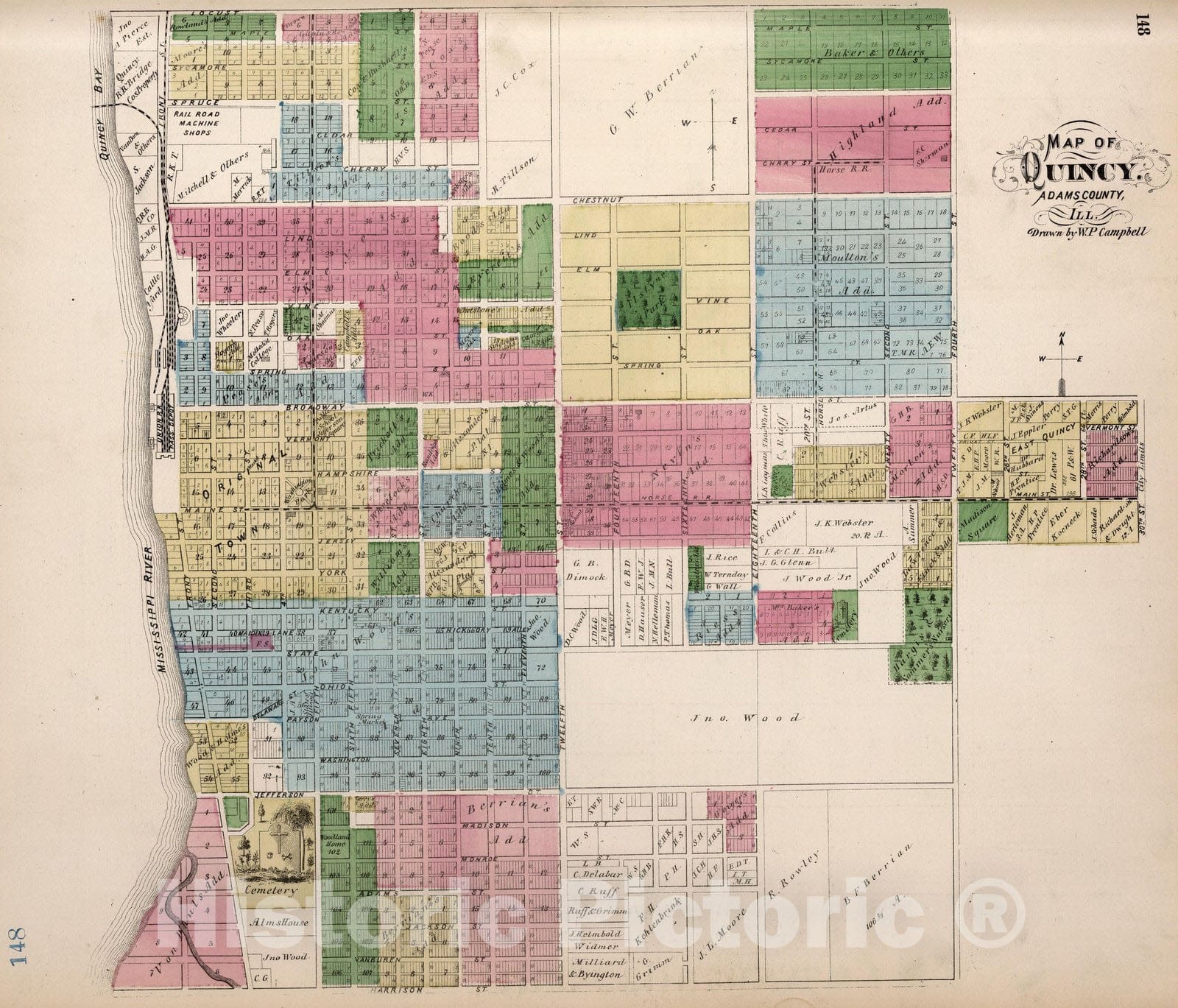 Historic Map - Atlas Map, Quincy, Adams County, Illinois. 1872, - Vintage Wall Art