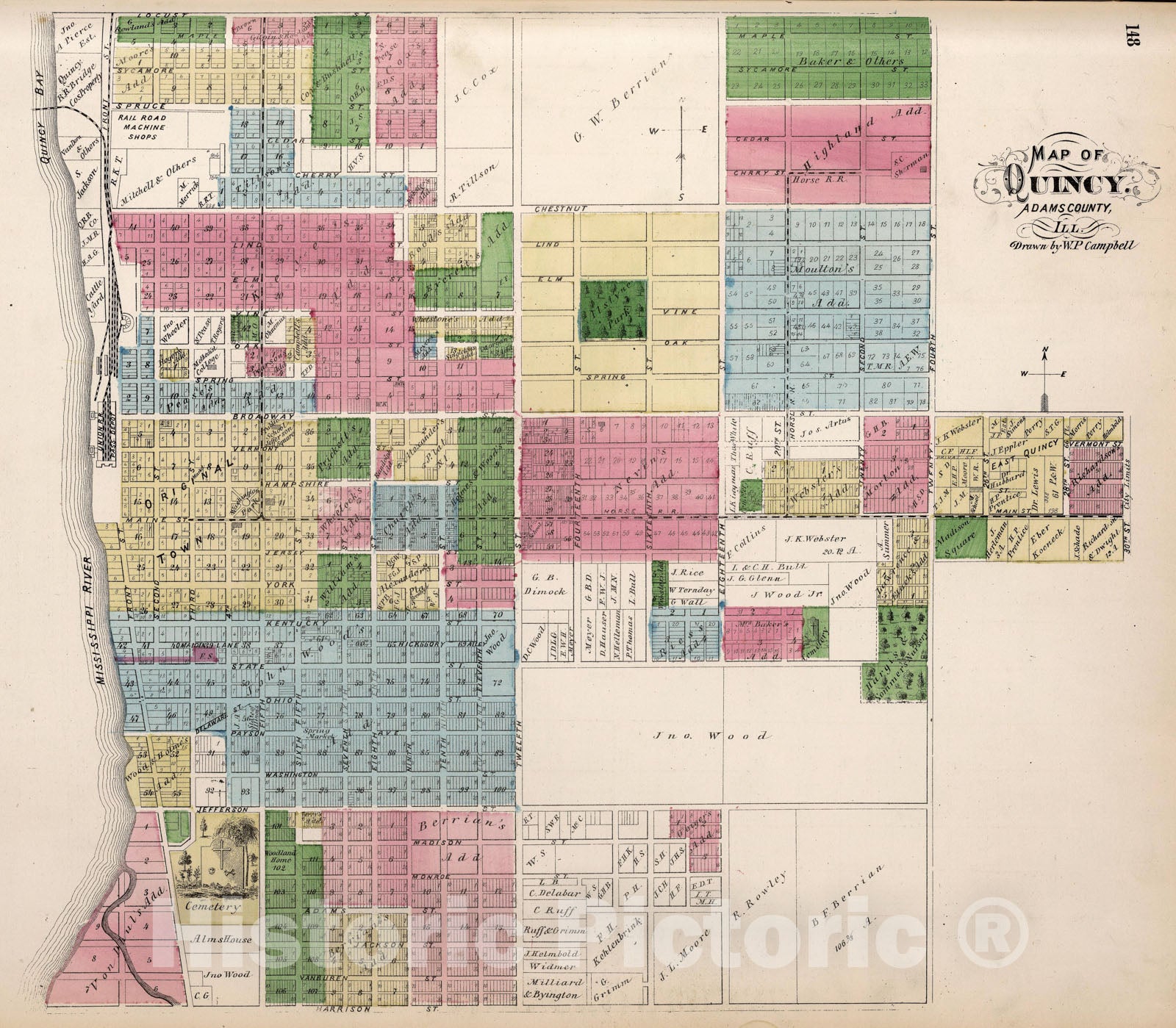 Historic Map - Atlas Map, Quincy, Adams County, Illinois. 1872, - Vintage Wall Art