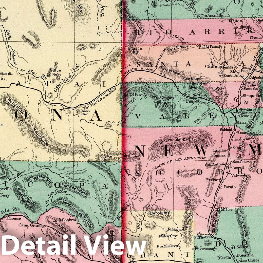 New Mexico and Arizona - Railroad Map, 1873 - Historical Map Print