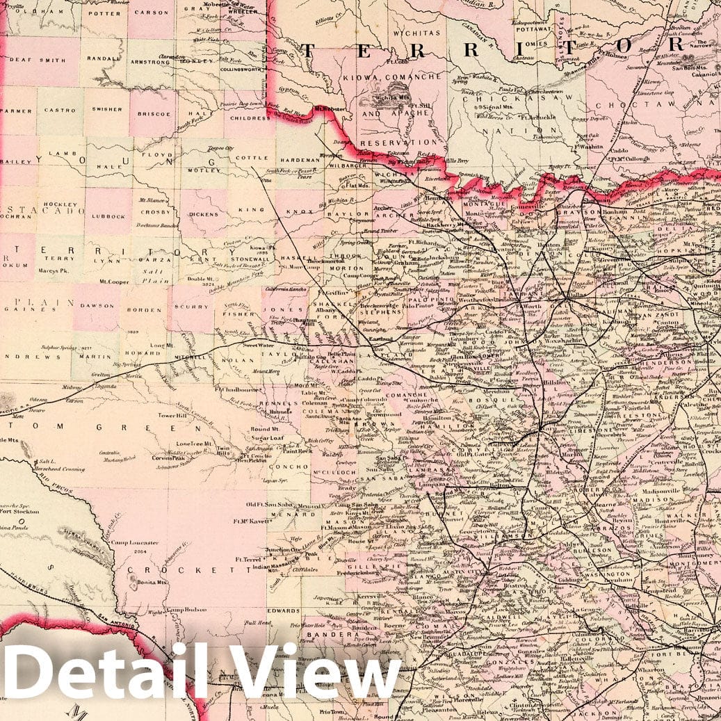 Texas and Indian Territory - Railroad Map, 1876 - Historical Map Print