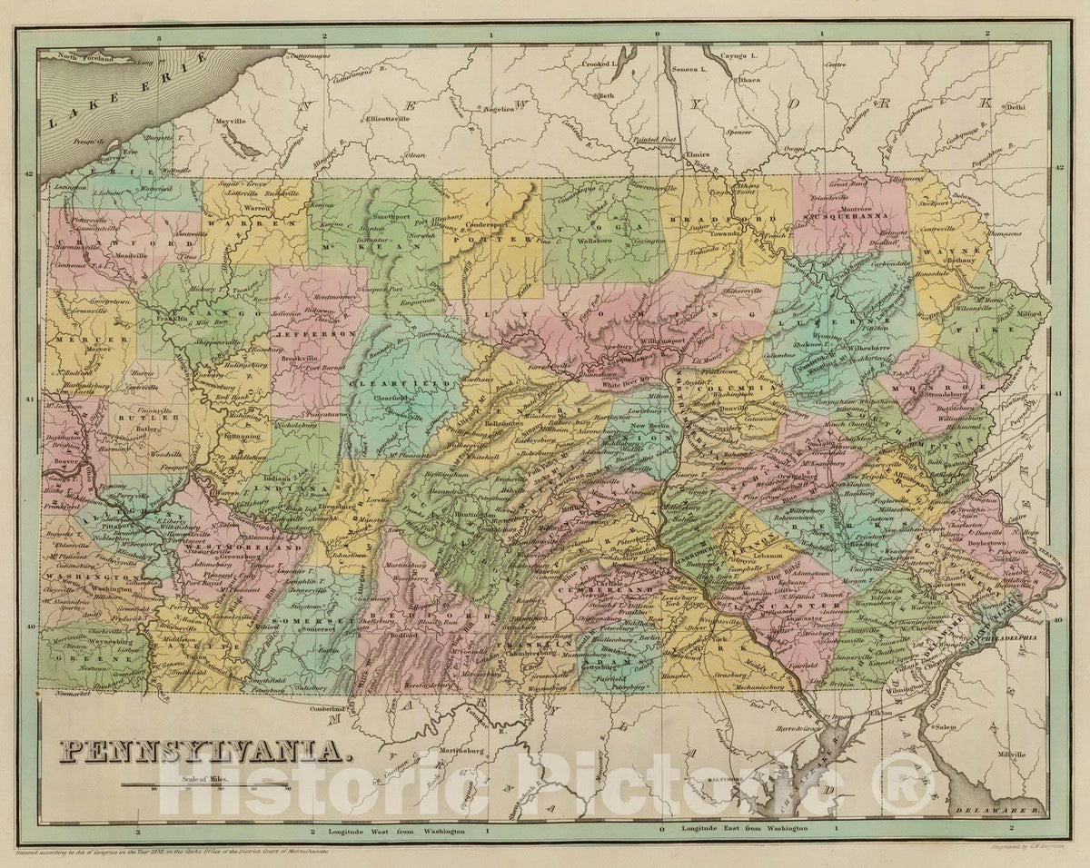 Historic Map : Pennsylvania. 1838 - Vintage Wall Art