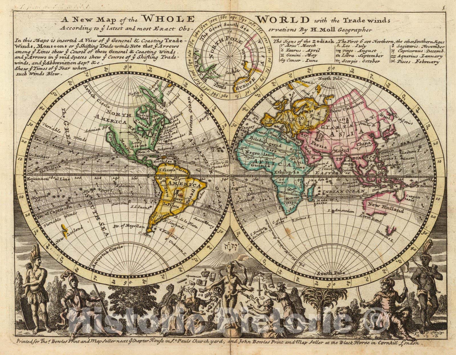 Historic Map : A new map of the whole world with trade winds, 1736 - Vintage Wall Art