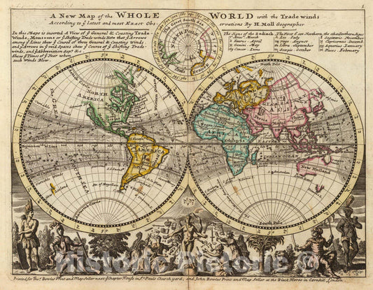 Historic Map : A new map of the whole world with trade winds, 1736 - Vintage Wall Art