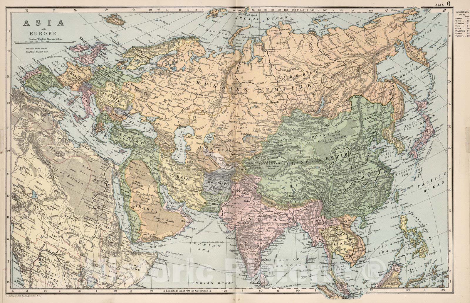 Asia and Europe - River Map, 1892 - Historical Map Print
