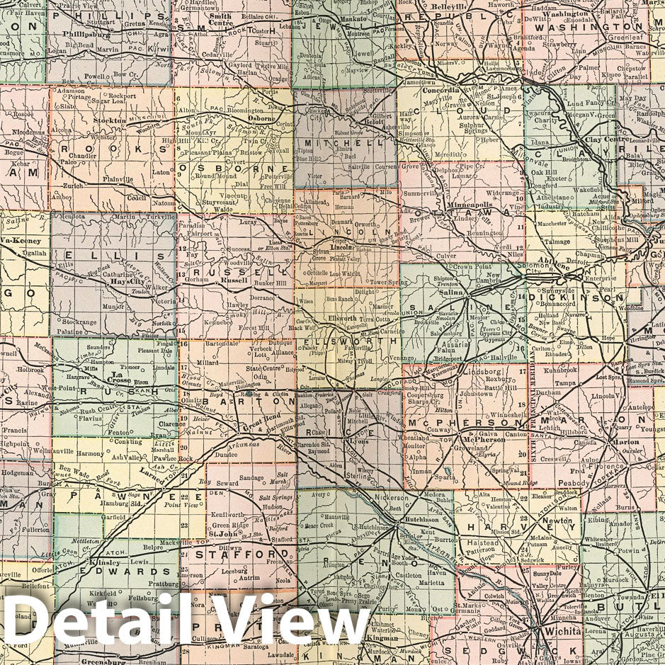 Kansas - Railroad Map, 1891 - Historical Map Print