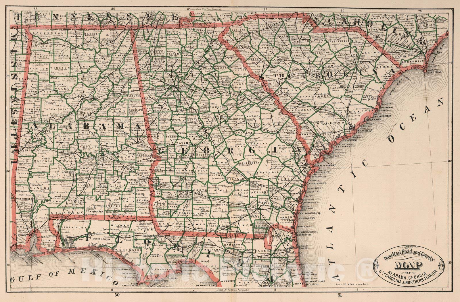 Historic Map : New Rail Road and County Map of Alabama, Georgia, South Carolina and Northern Florida, 1883 - Vintage Wall Art