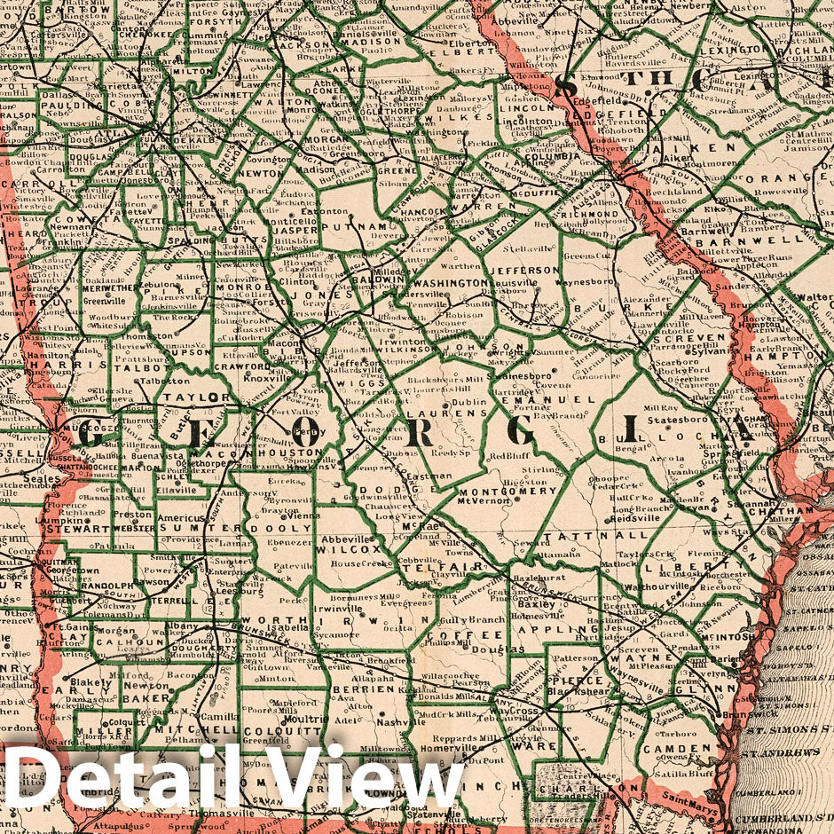 Historic Map : New Rail Road and County Map of Alabama, Georgia, South Carolina and Northern Florida, 1883 - Vintage Wall Art