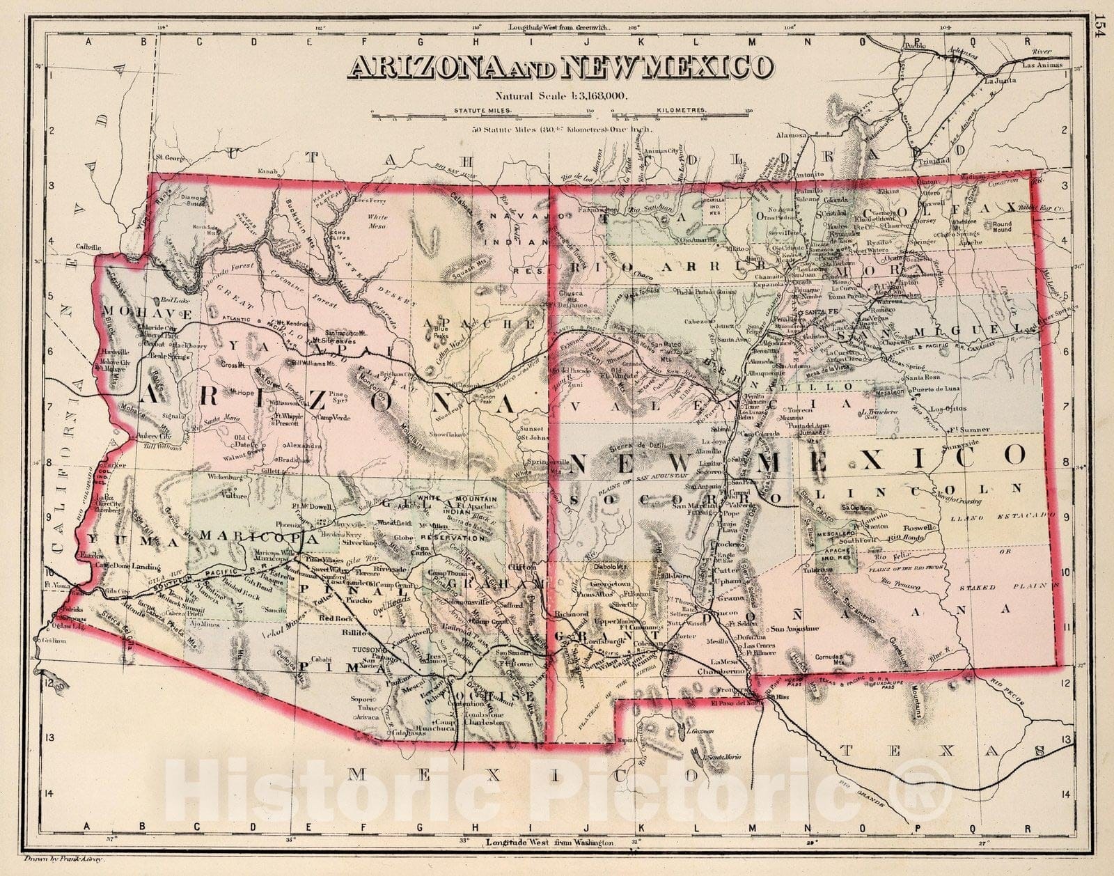 Historic Map : Arizona and New Mexico. 1884 - Vintage Wall Art