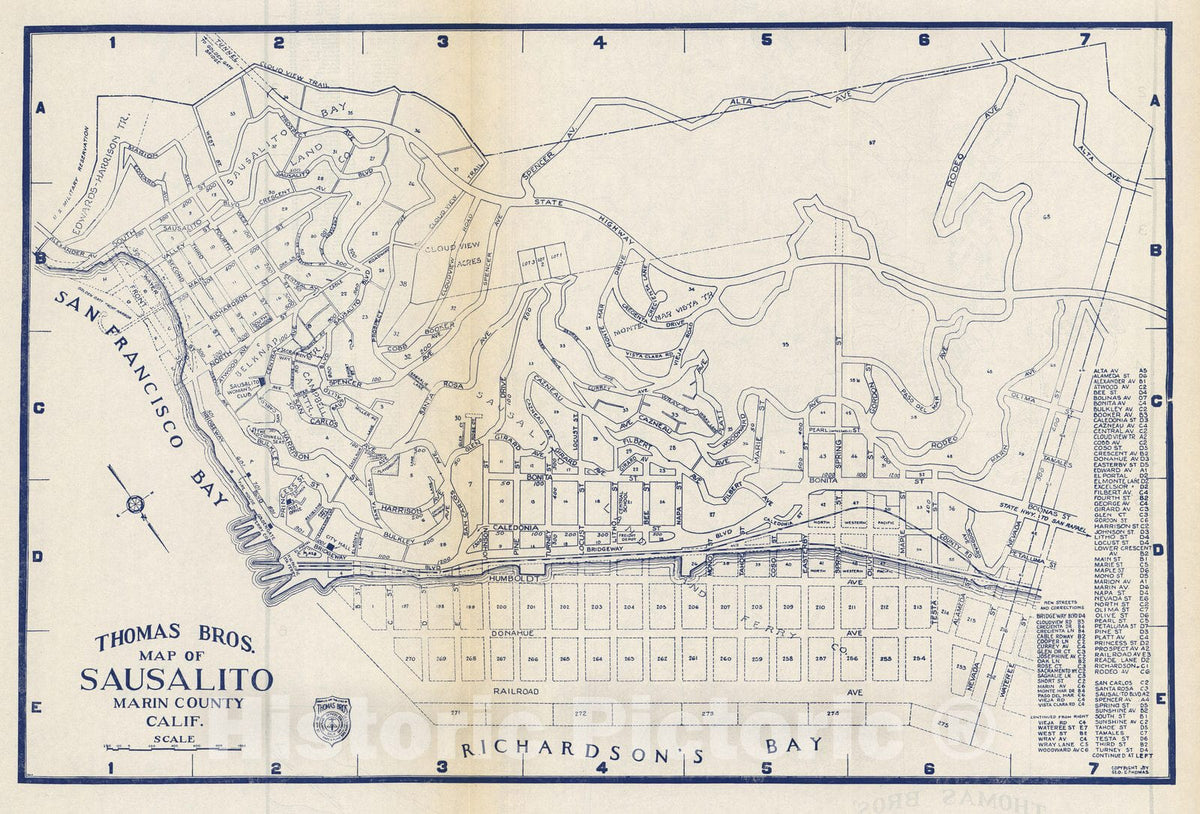Sausalito, Marin County, California - Road Map, 1938 - Thomas Bros. Atlas Print