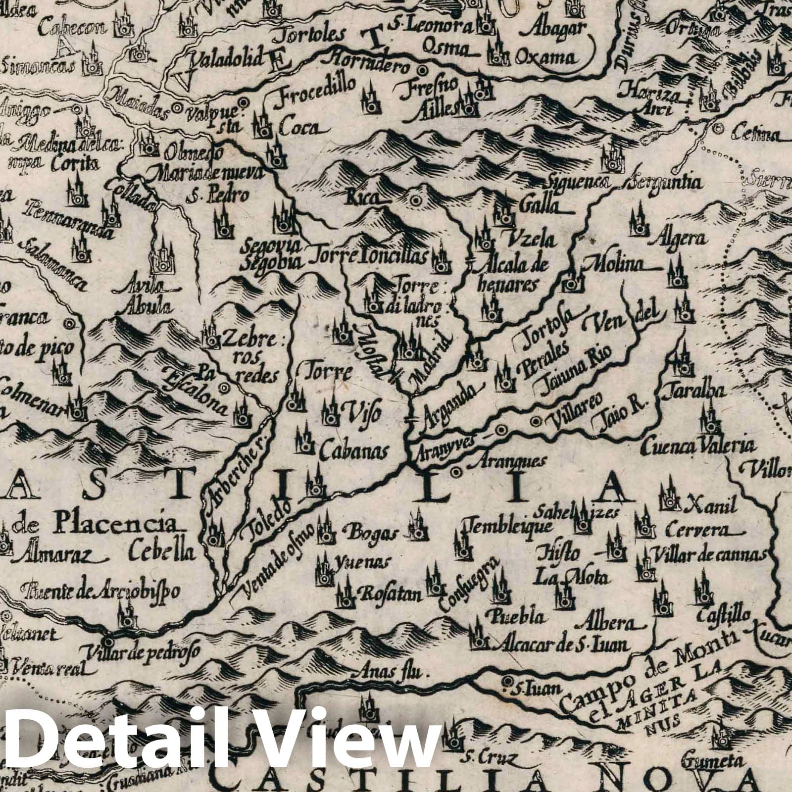 Castiliae (Castile) - River Map, 1636 - Historical Map Print
