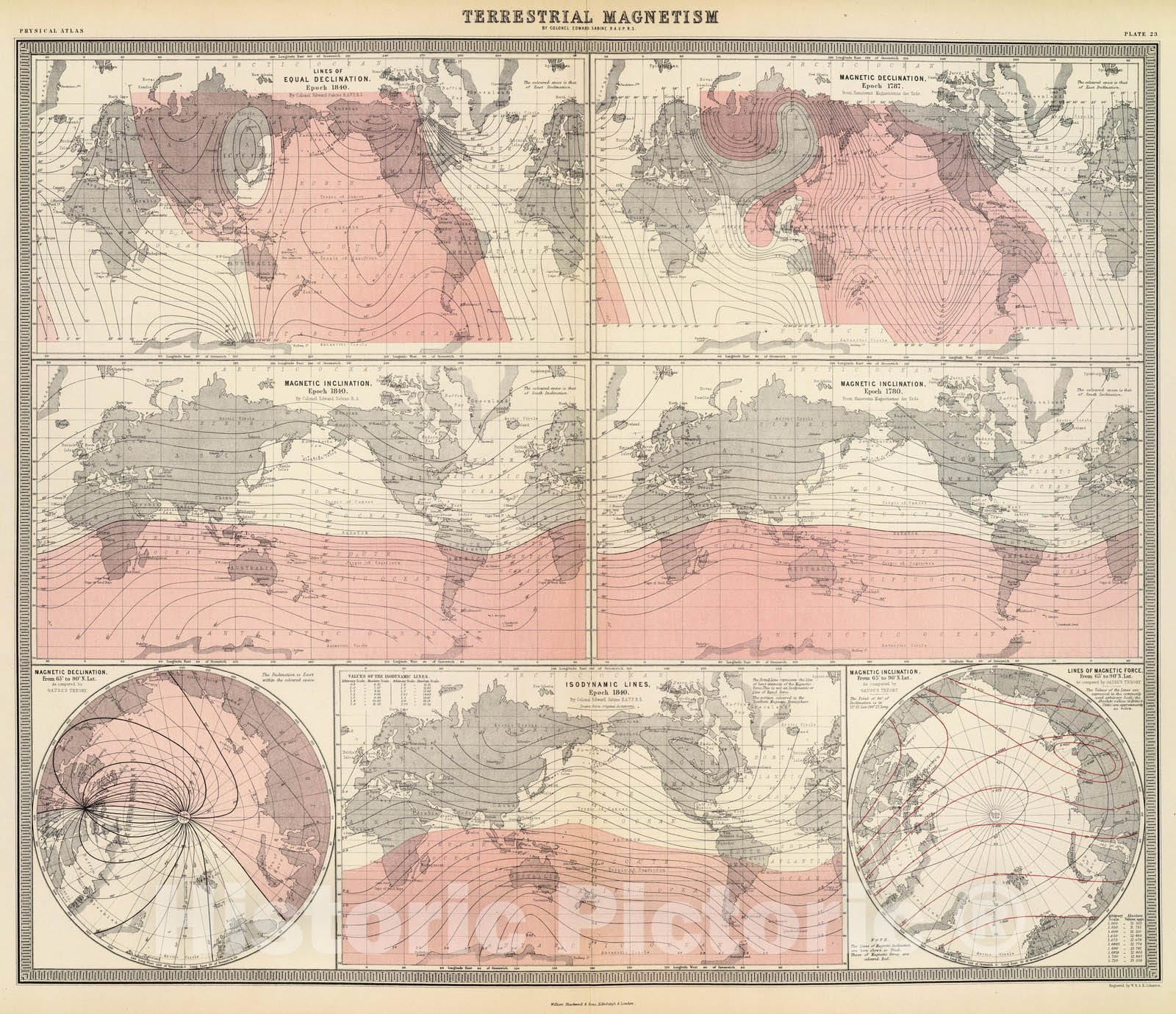 Historic Map : Physical Atlas Map, Terrestrial magnetism. 1856 - Vintage Wall Art