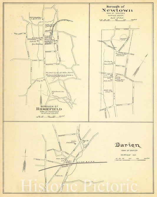 Historic Map : State Atlas Map, Ridgefield, Newton, Darien. 1893 - Vintage Wall Art