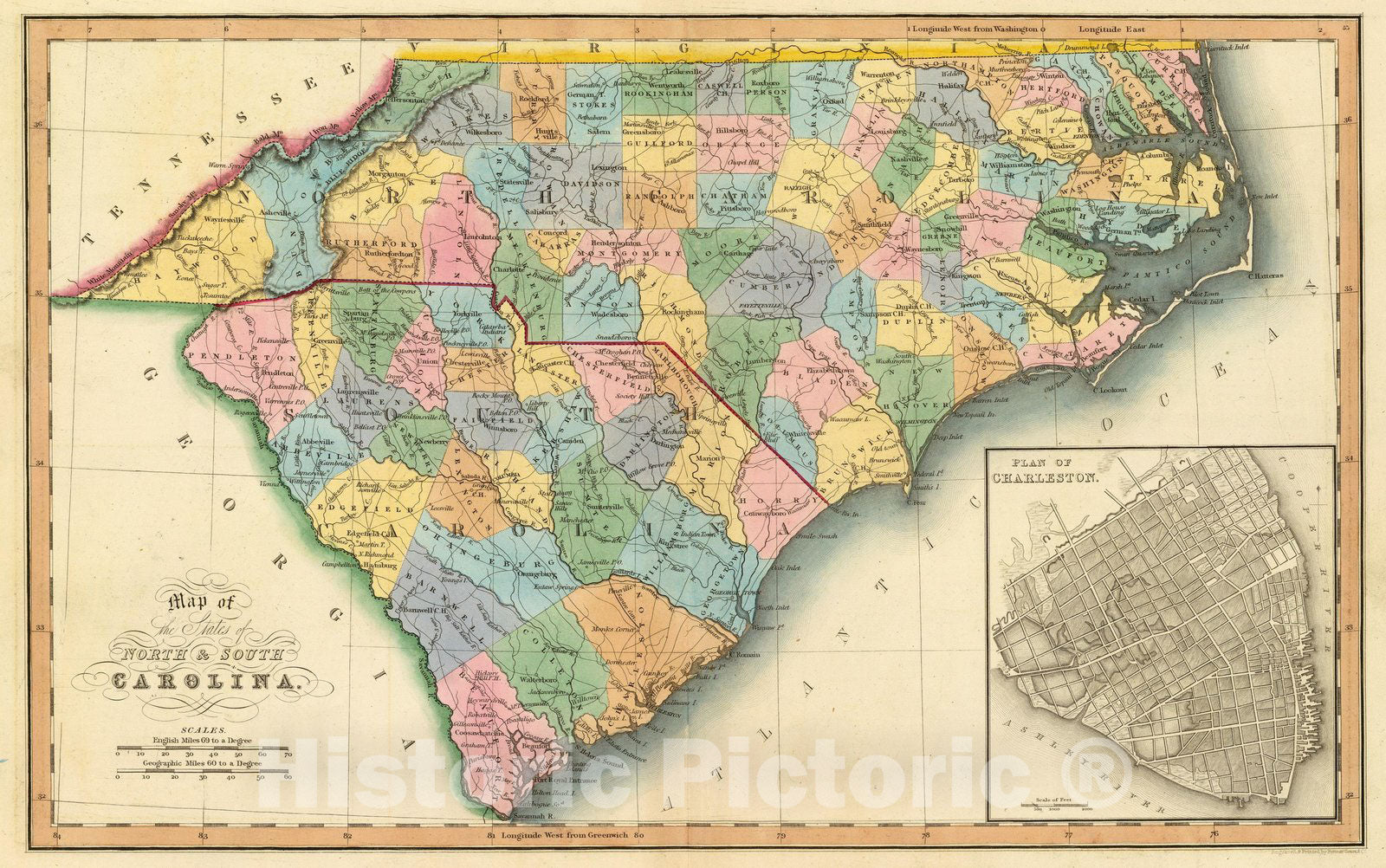 Historic Map : N. & S. Carolina. 1832 - Vintage Wall Art