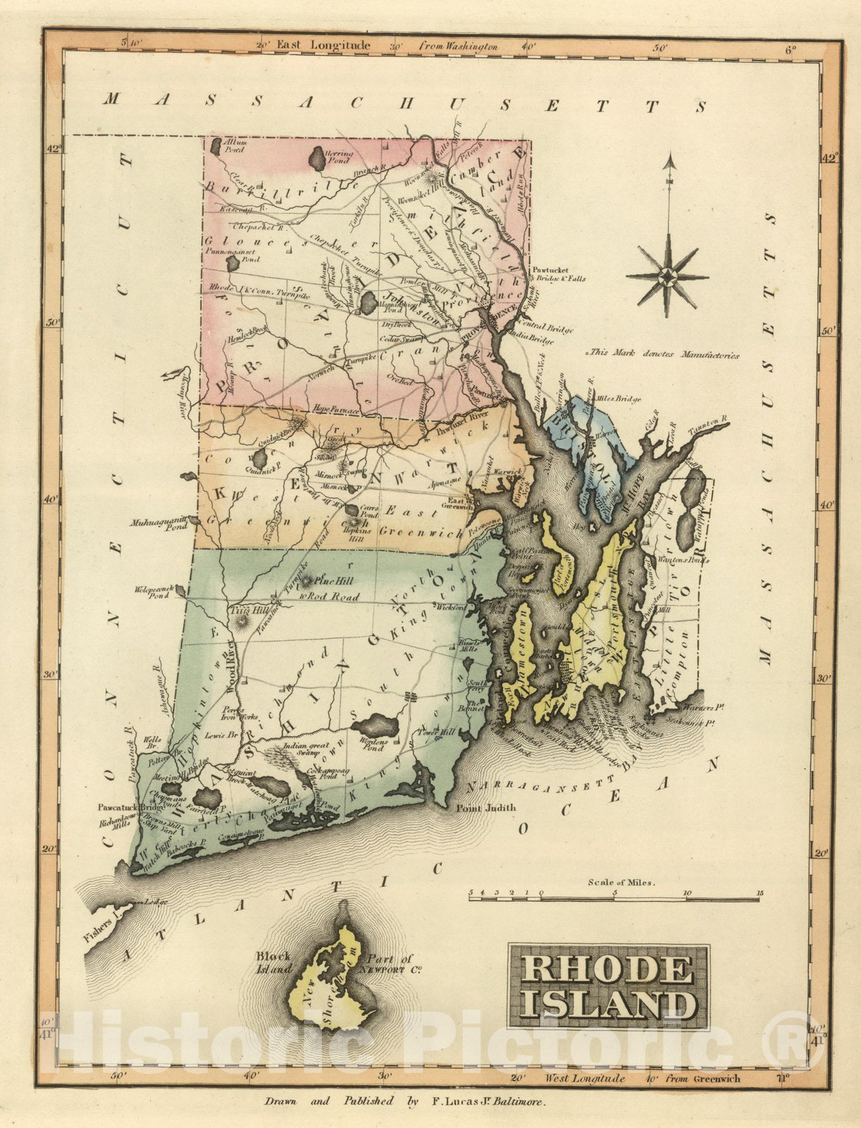Rhode Island, 1822 - Hand-Colored Historical Map Print