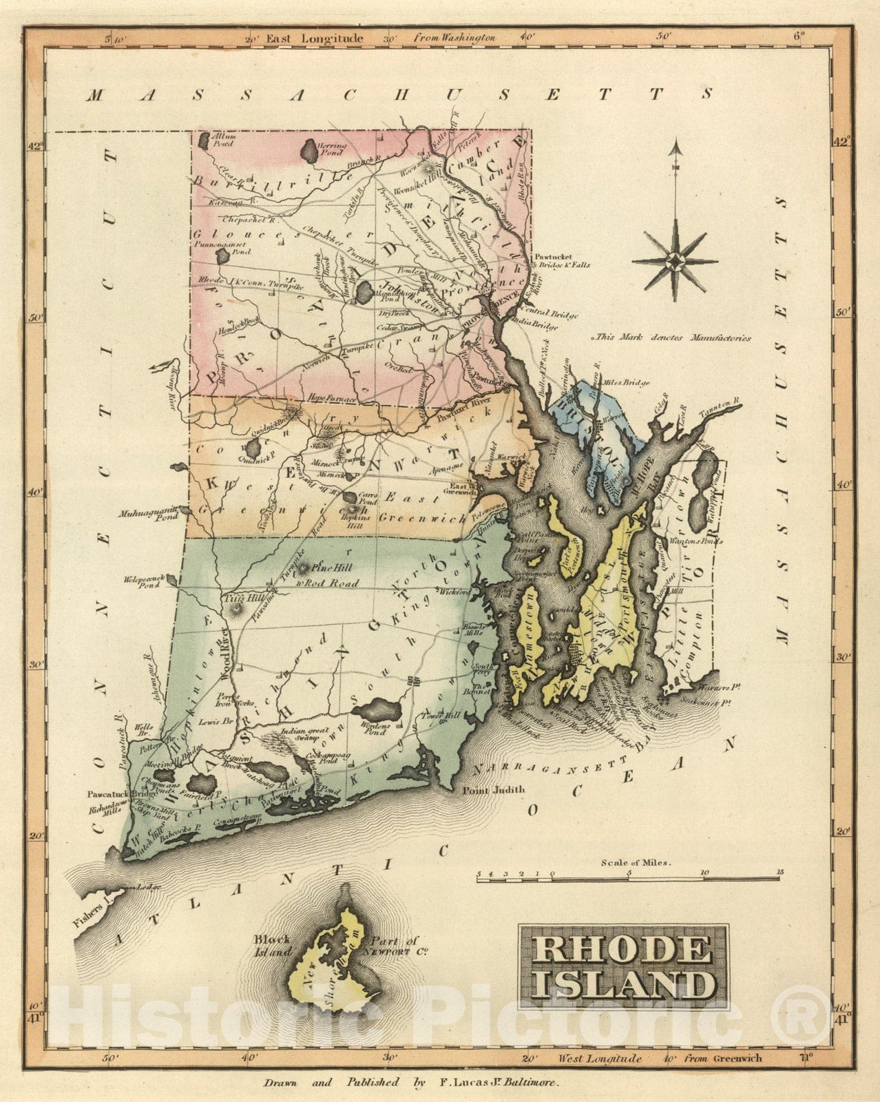 Historic Map : World Atlas Map, Rhode Island. 1822 - Vintage Wall Art