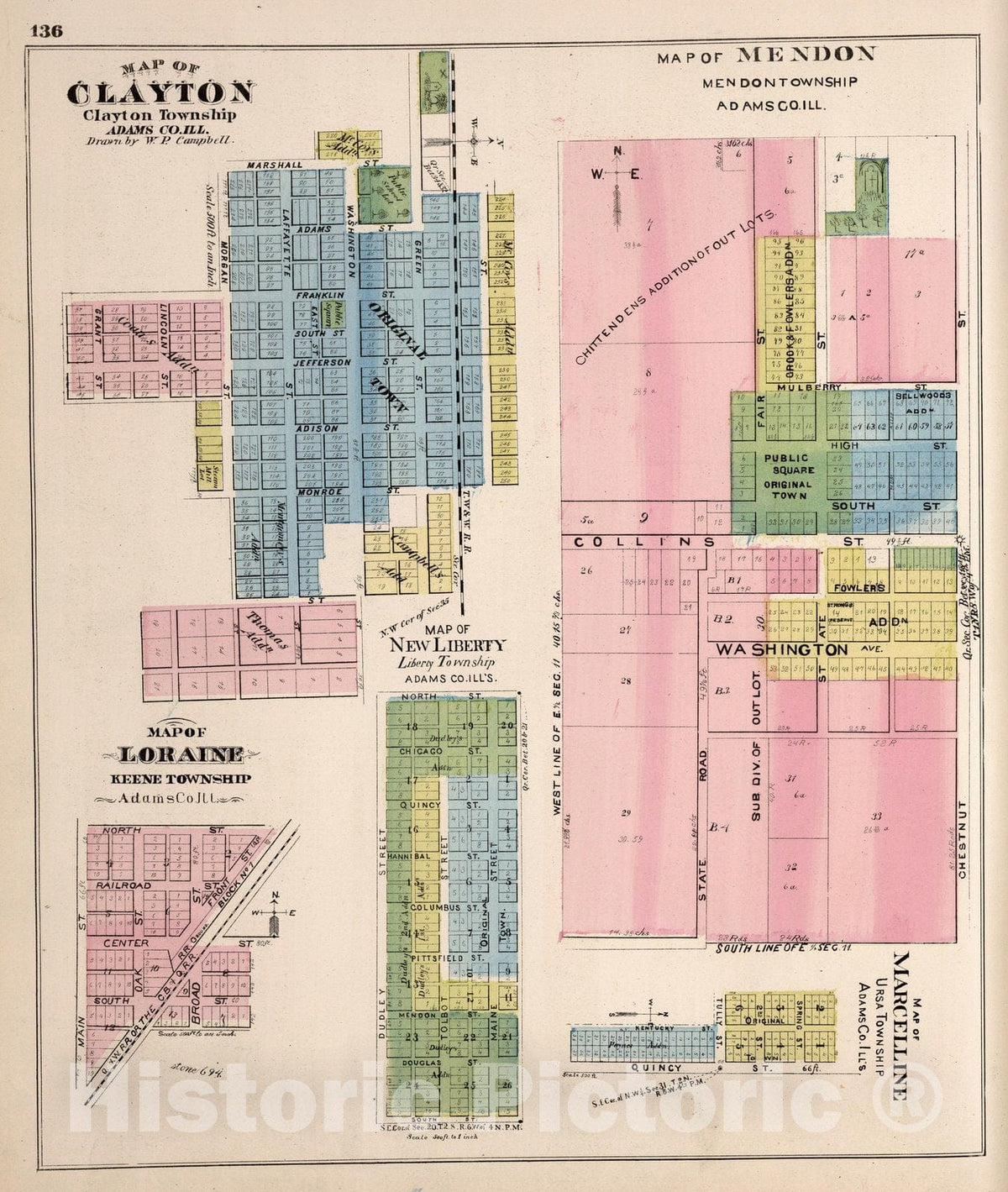 Historic Map : County Atlas Map, Clayton. Loraine. Mendon. New Liberty. Marcelline, Illinois. 1872 - Vintage Wall Art