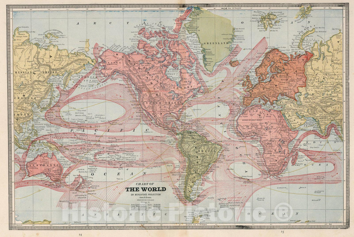 Historic Map : World Atlas Map, Chart of the World in Mercator's Projection. 1883 - Vintage Wall Art