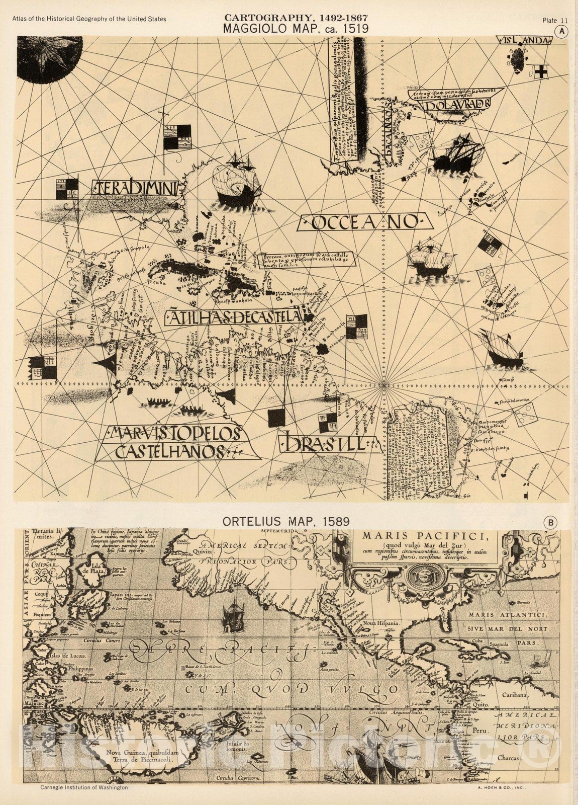 Historic Map : Plate 11. Facsimile Cartography 1492-1867. Magiolo Map ca. 1519. Ortelius Map, 1589, 1589 - Vintage Wall Art