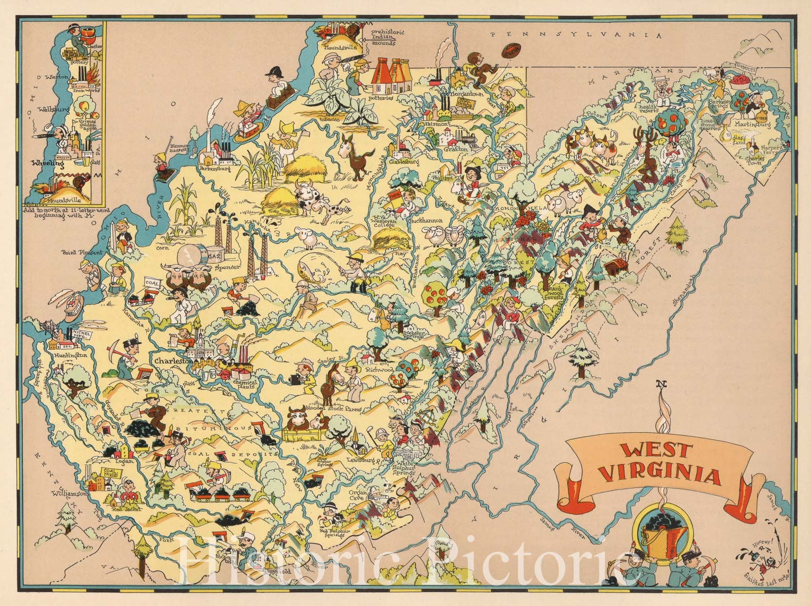 Historic Wall Map : West Virginia. 1935 - Vintage Wall Art