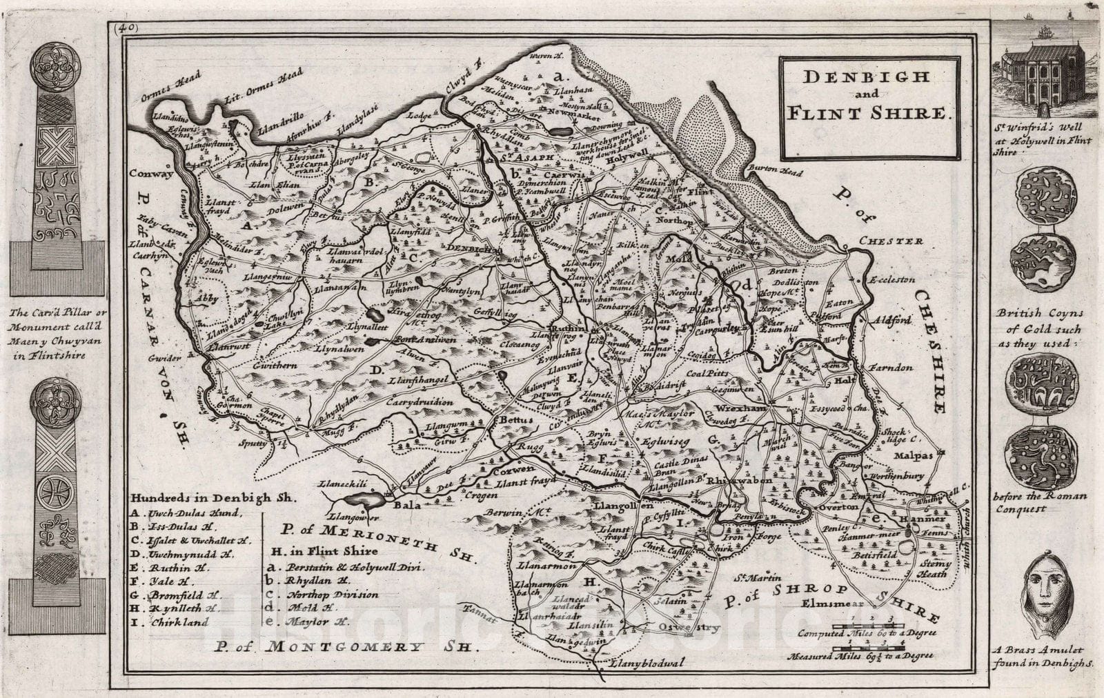 Historic Map : Denbigh and Flint Shire. By H. Moll Geographer 1724 - Vintage Wall Art
