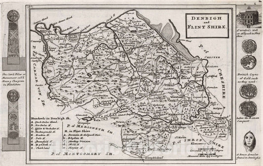 Historic Map : Denbigh and Flint Shire. By H. Moll Geographer 1724 - Vintage Wall Art