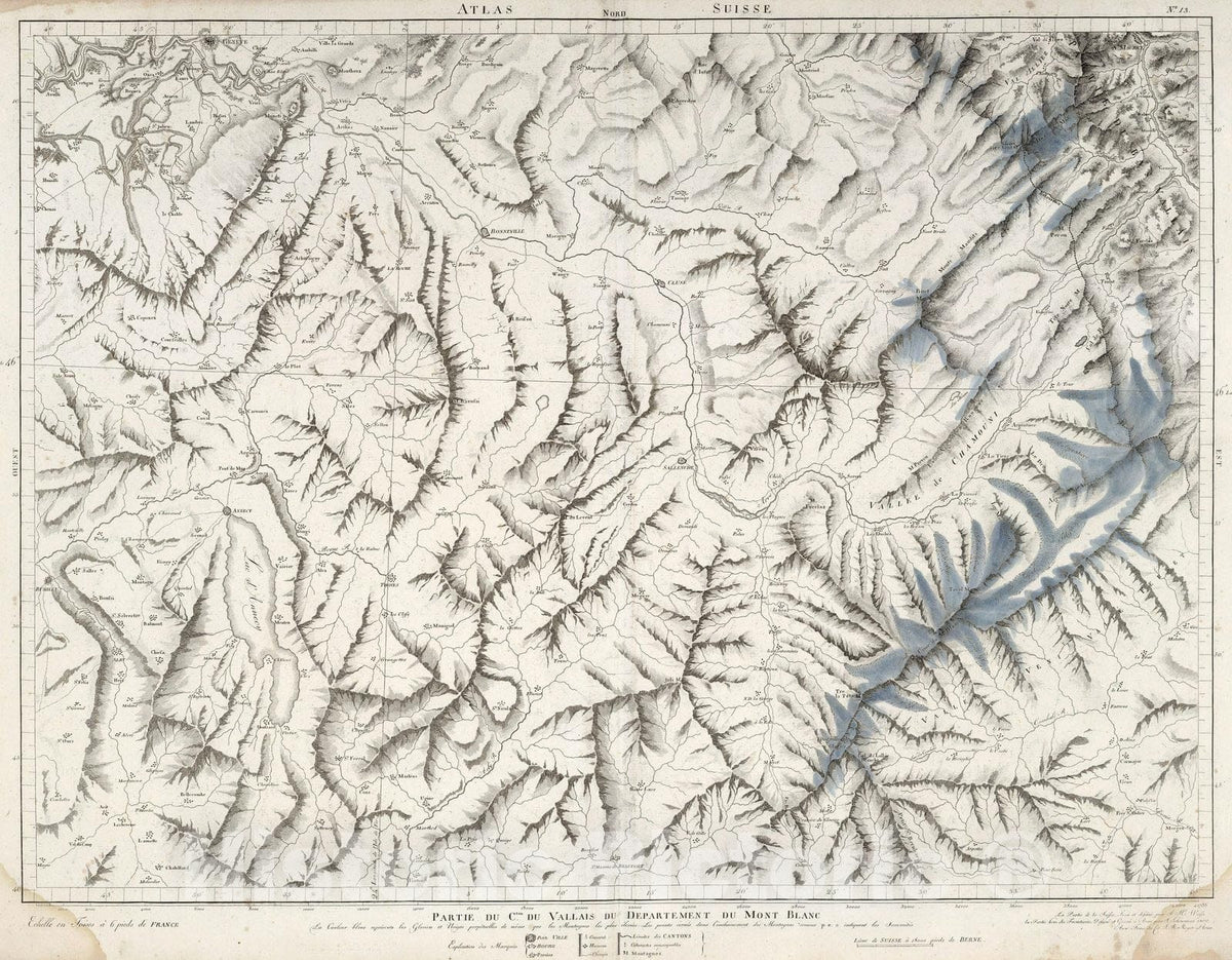 Historic Map : Switzerland, No. 13. Partie du Cton. (Canton) du Vallais de Department du Mont Blanc. 1802 , Vintage Wall Art
