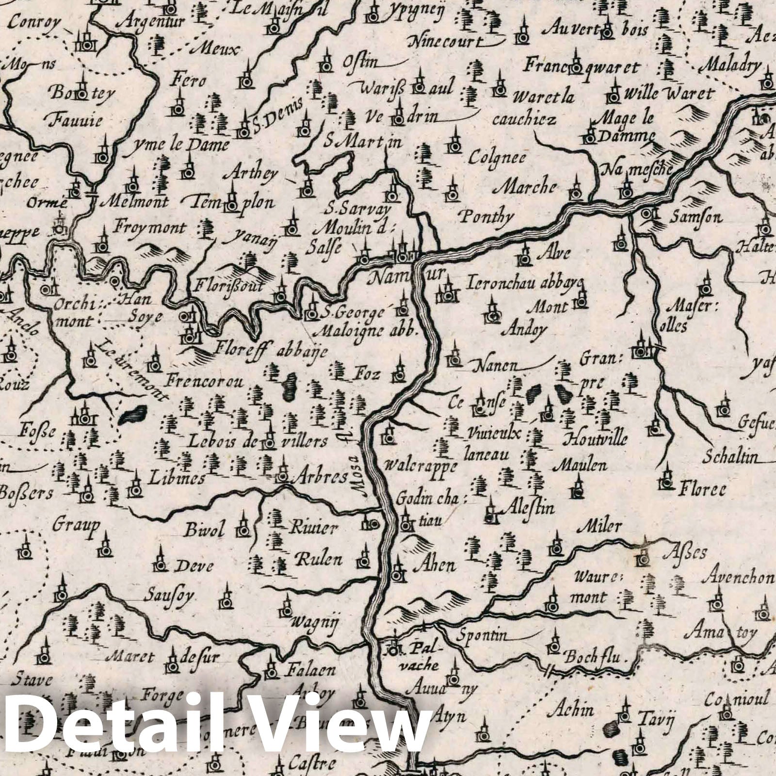 Namur, Belgium - River Map, 1636 - Historical Map Print