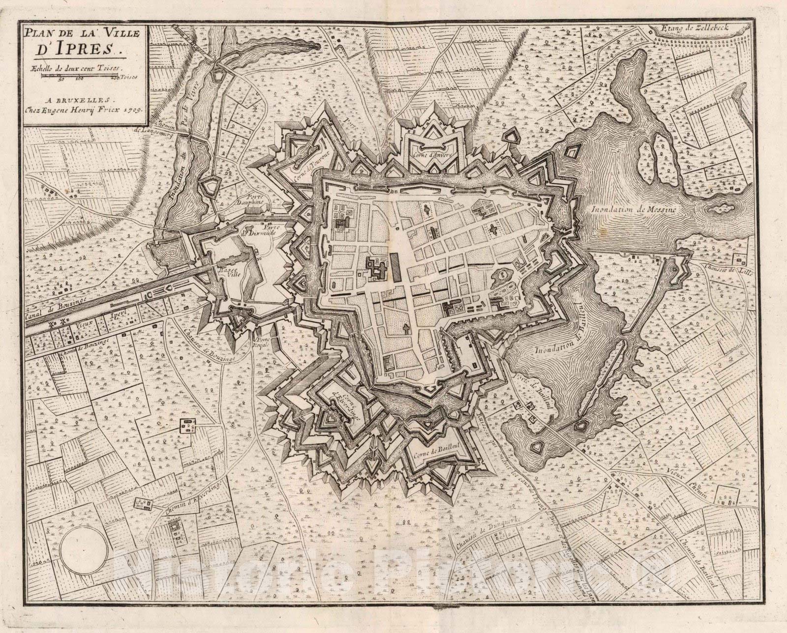 Historic Map : Ypres , Belgium74. Plan de la Ville d'Ipres, Ypres, Belgium. 1709. 1709 , Vintage Wall Art