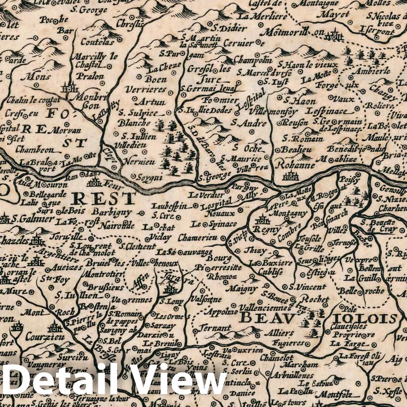 Lyonnais, Forez, and Beaujolais, France - River Map, 1636 - Historical Map Print