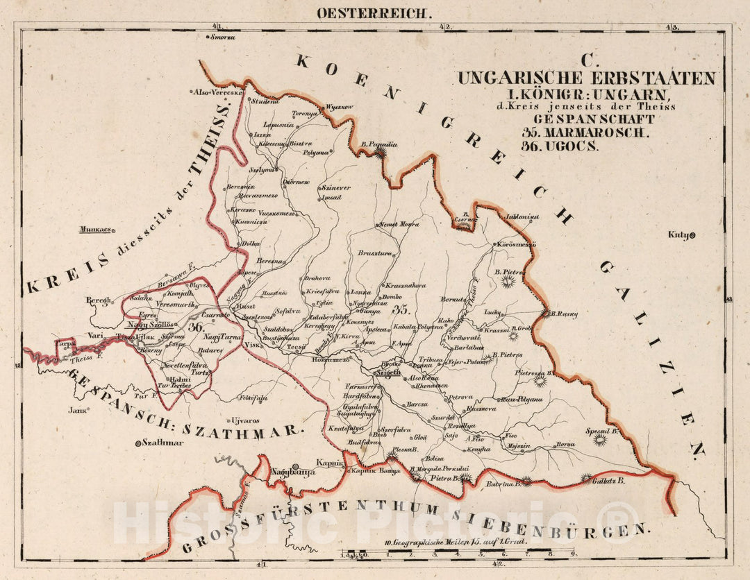 Historic Map : Austria, V.3:11-15:XII: 2. Oesterreich. C. Ungarische erbstaaten, I. Koenigr: Ungarn.Gespanschaft 35-36 1828 , Vintage Wall Art