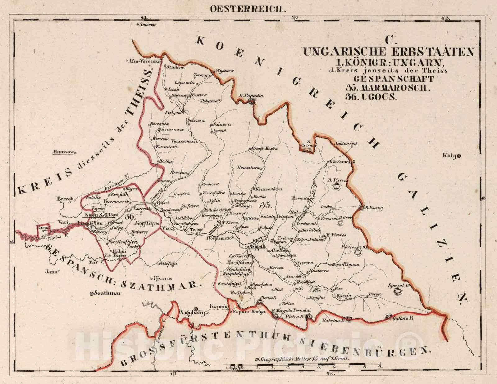 Historic Map : Austria, V.3:11-15:XII: 2. Oesterreich. C. Ungarische erbstaaten, I. Koenigr: Ungarn.Gespanschaft 35-36 1828 , Vintage Wall Art
