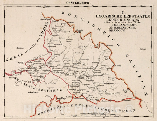 Historic Map : Austria, V.3:11-15:XII: 2. Oesterreich. C. Ungarische erbstaaten, I. Koenigr: Ungarn.Gespanschaft 35-36 1828 , Vintage Wall Art