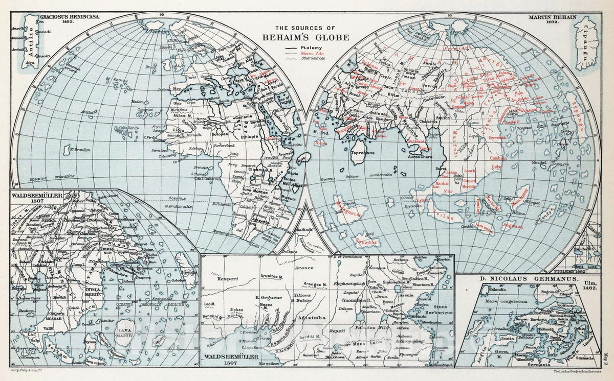 Historic Map - Map 2. The Sources of Behaim's Globe, 1908 - Vintage Wall Art