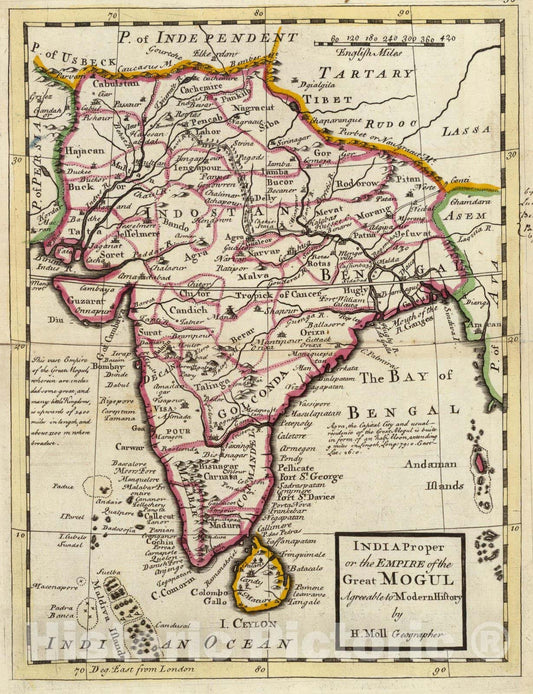 Historic Map : World Atlas Map, India Proper or the Empire of the Mogul. 1736 - Vintage Wall Art