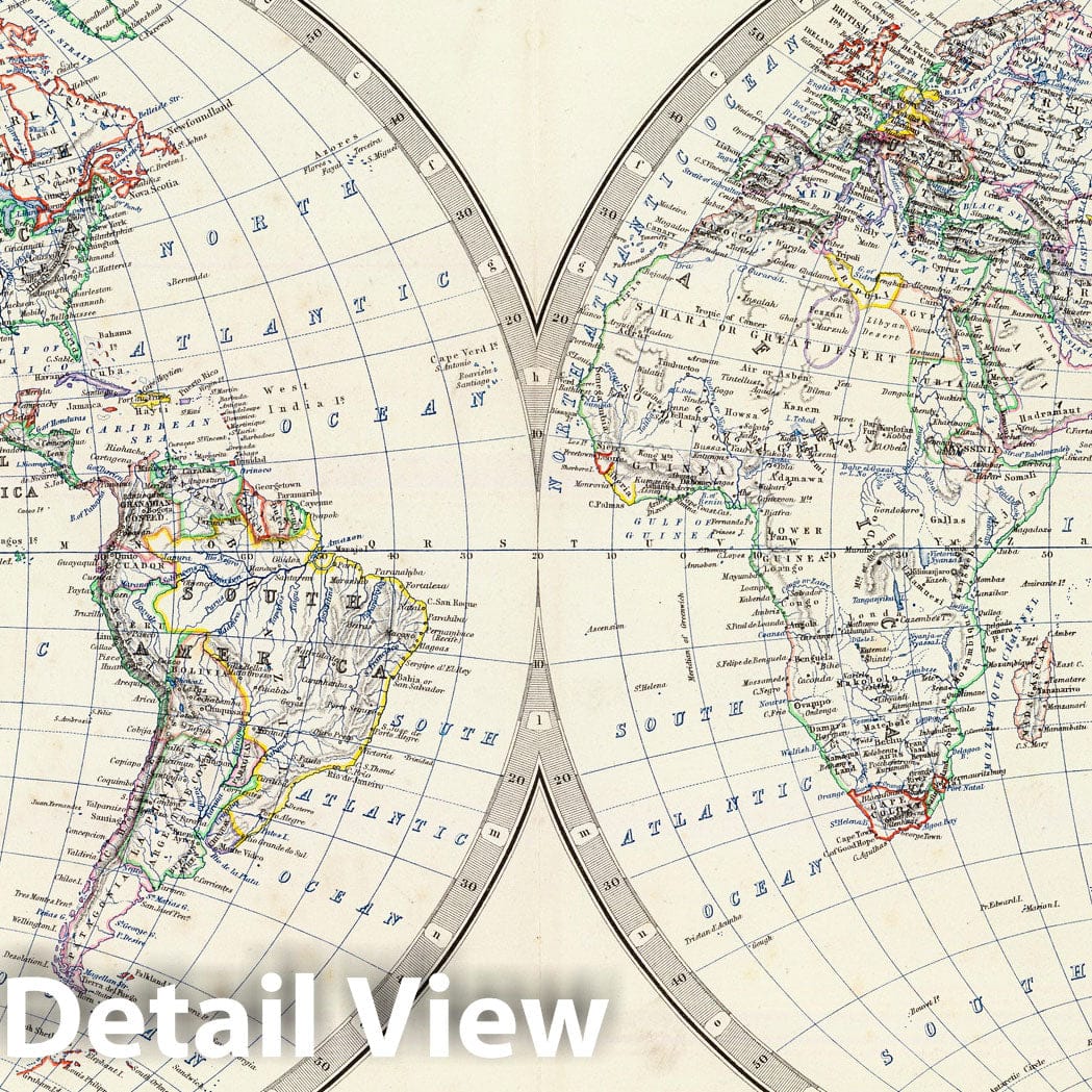 World in Hemispheres, 1861 - Keith Johnston Historical Map Print
