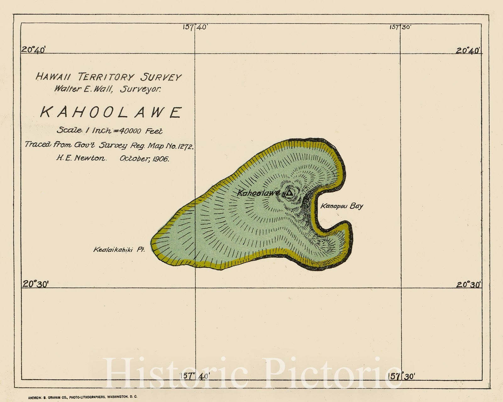 Historic Map : Hawaii, Kahoolawe Island (Hawaii) State Atlas Map, Kahoolawe. 1906 , Vintage Wall Art