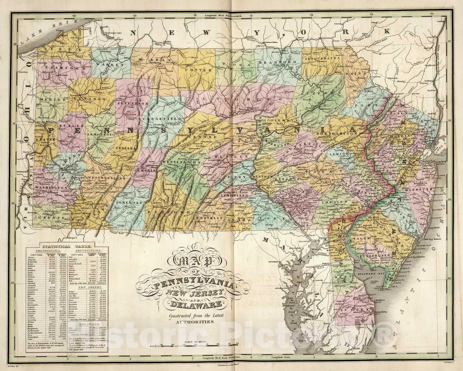Historic Map : Pennsylvania, New Jersey, and Delaware. 1827 - Vintage Wall Art