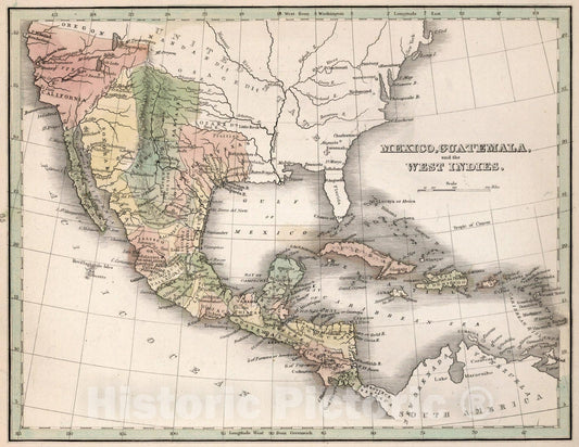 Historic Map : World Atlas Map, Mexico, Guatemala and the West Indies 1838 - Vintage Wall Art