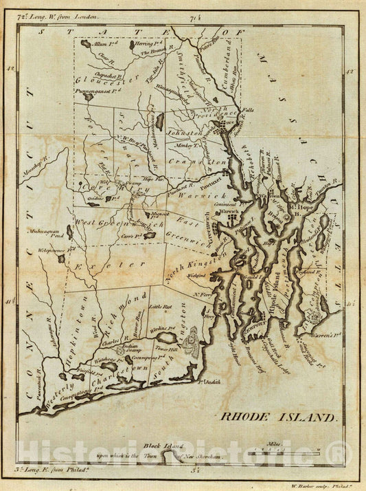 Rhode Island, 1796 - Historical Map Print from Carey's American Pocket Atlas