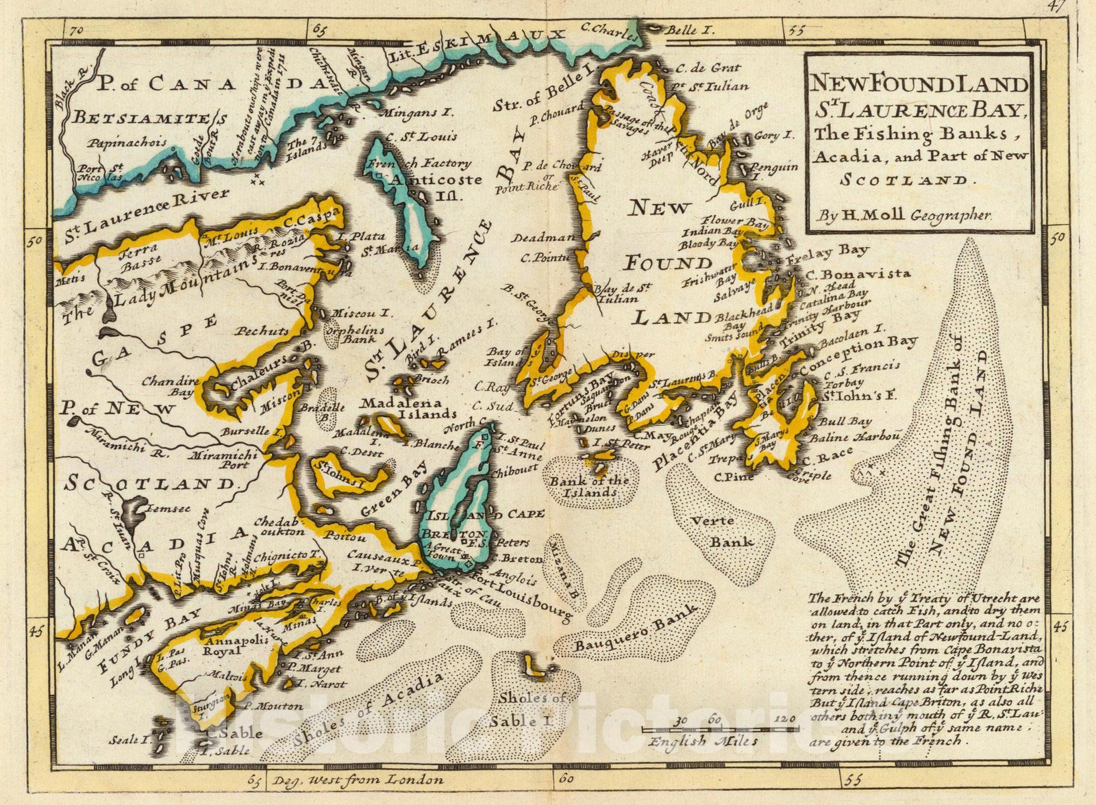 Historic Map : World Atlas Map, New Found Land, St. Laurence Bay, Acadia, New Scotland. 1736 - Vintage Wall Art