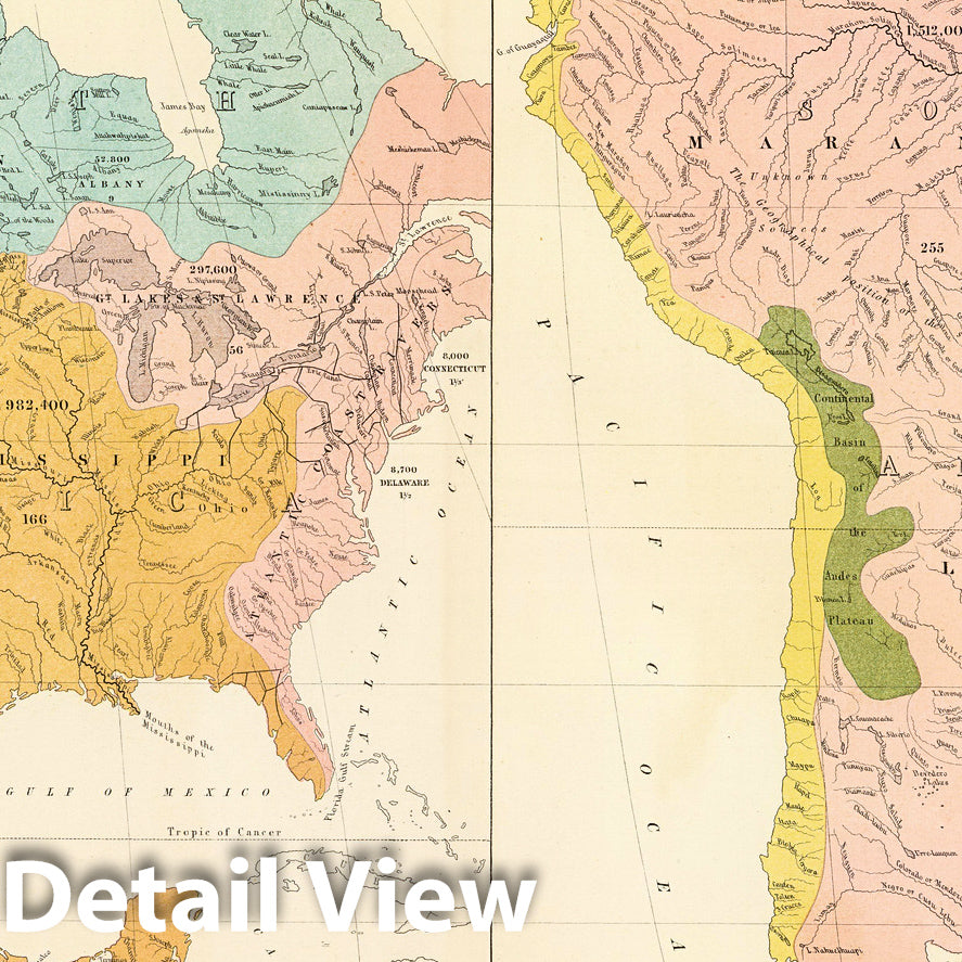 Historic Map : Physical Atlas Map, America river systems. 1856 - Vintage Wall Art