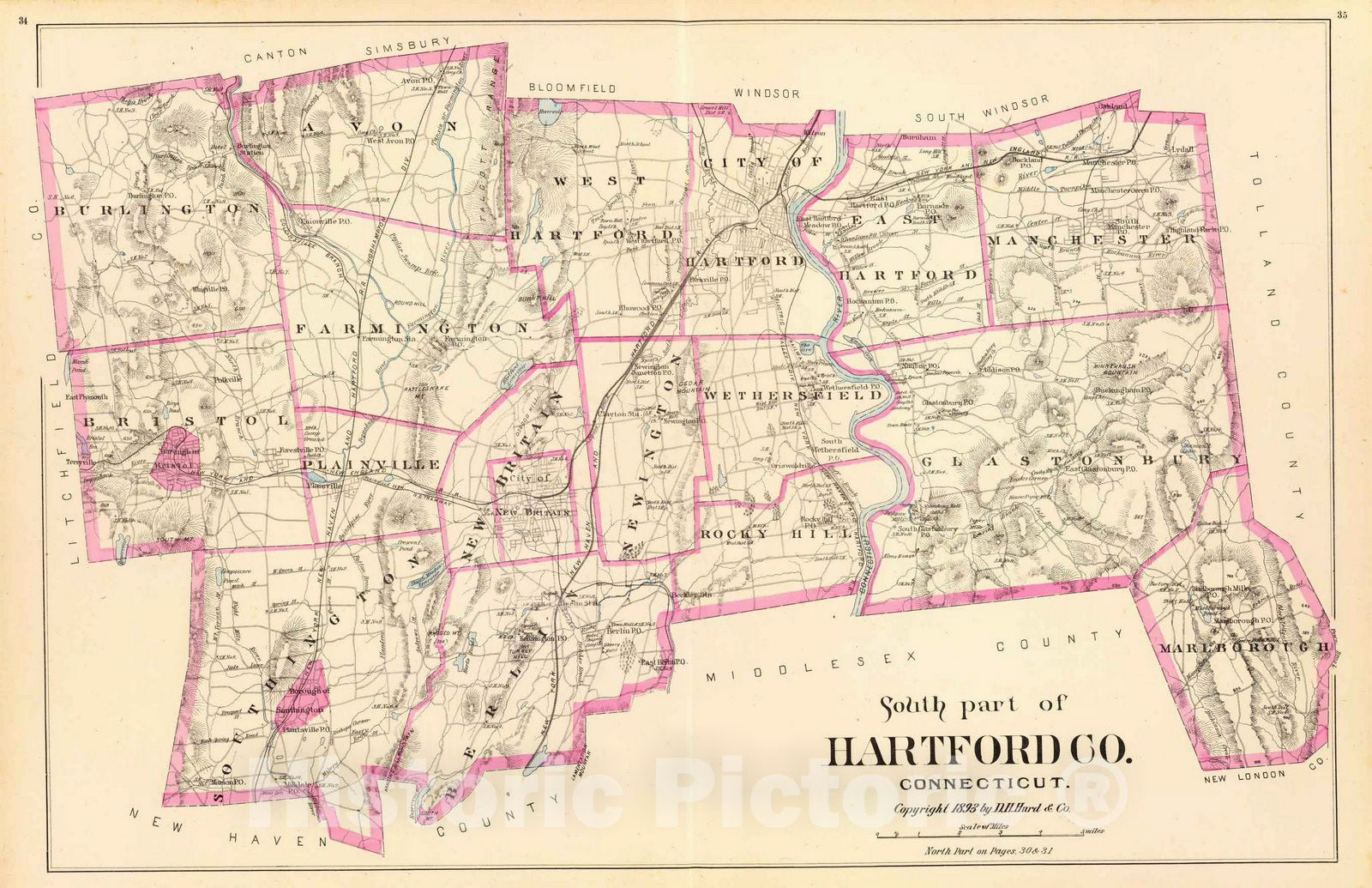 Historic Map : State Atlas Map, Hartford Co. S. 1893 - Vintage Wall Art