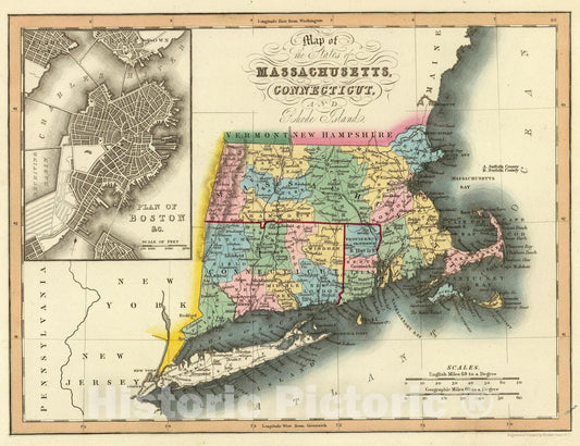 Massachusetts, Connecticut, and Rhode Island, 1832 - Historical Map Print